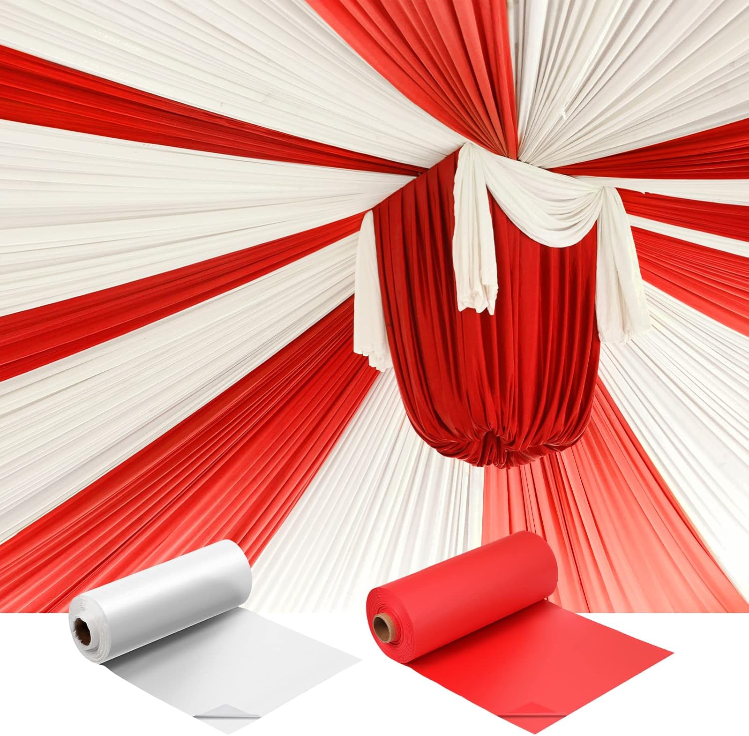 Moukeren 40'' x 100' Circus Tablecloth Roll Plastic Tablecloth Disposable DIY Carnival Tent Party Supplies for Big Top Tent Backdrop Curtains Ceiling Wall Drapes(White, Red,2 Roll) White, Red 2