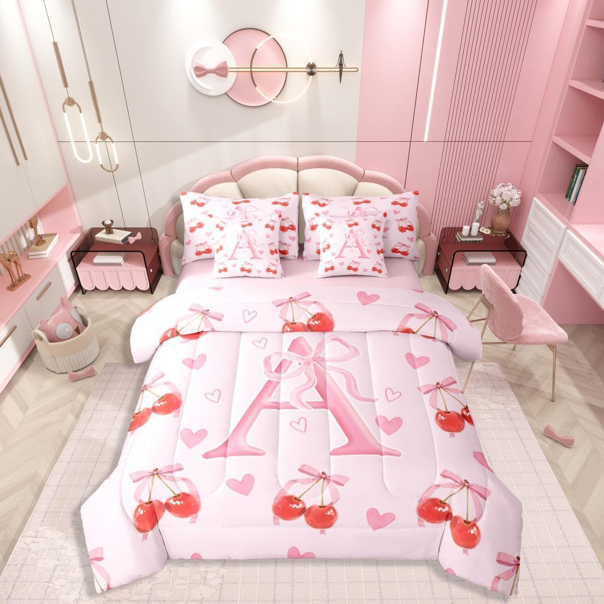 Initial Letter A 7 Pieces Bedding Set Queen,Kawaii Bow Monogrammed Bed in a Bag,Princess Style Bed Set Includes Comforter,Sheet Set,Pillowcases & Pillow Covers,Cute Cherry Love Hearts Bedroom Decor