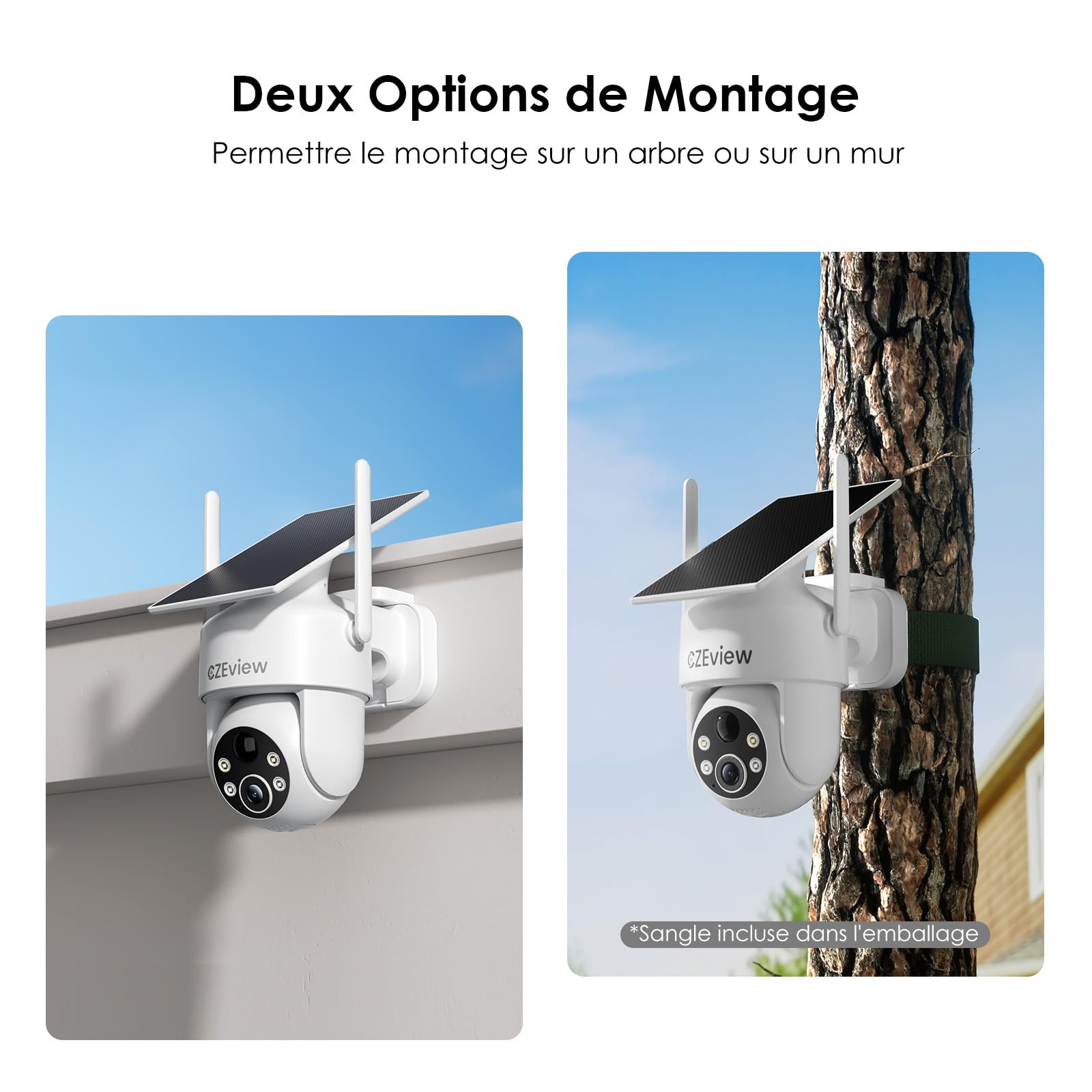CZEview 2K Camera Surveillance WiFi Extérieure Solaire sans Fil, Blanche | 100 % sans fil, HD 2K, vision nocturne, alertes de mouvement, PTZ 360°, IP65 , grande autonomie de la batterie