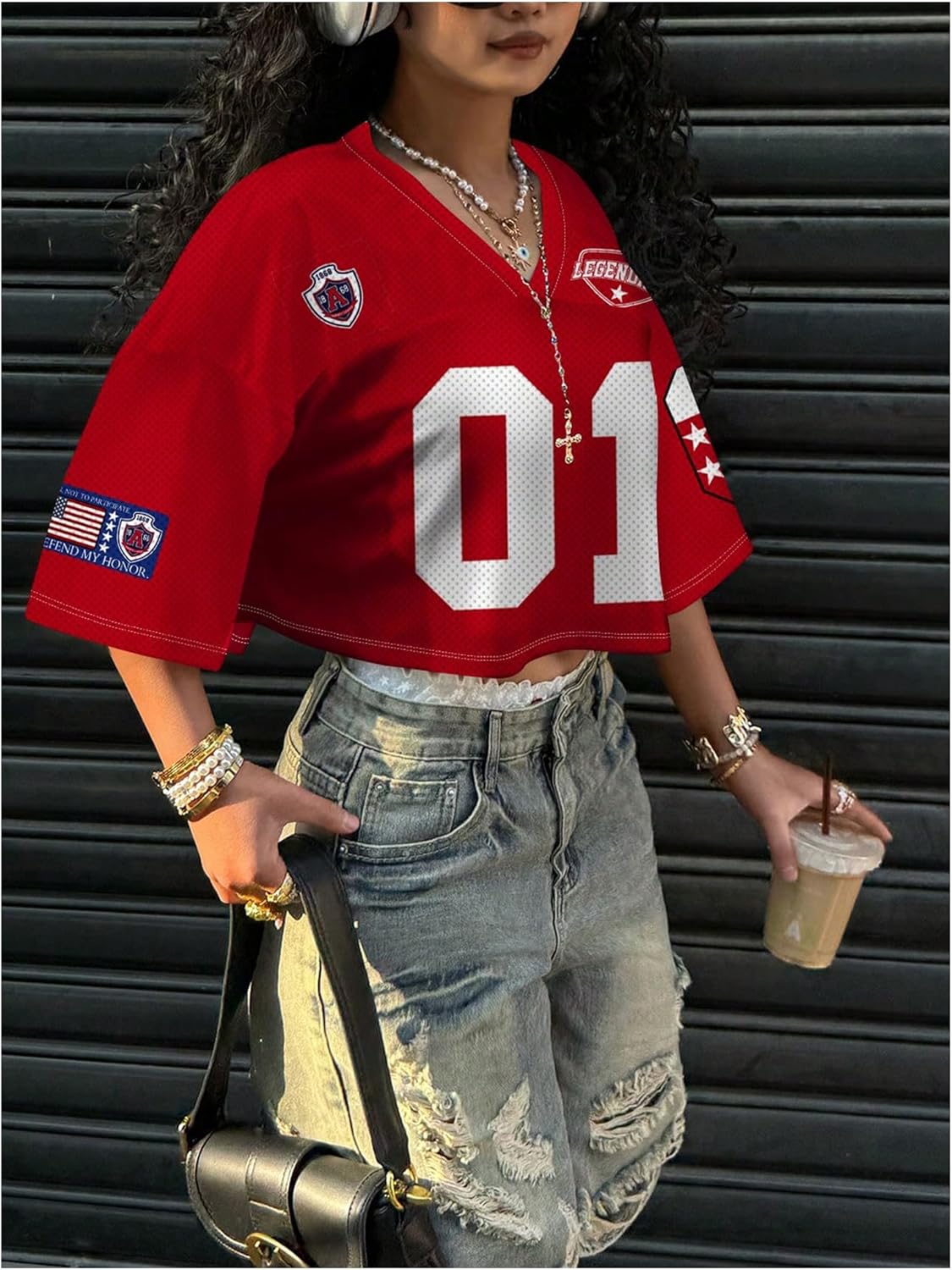 Women's Y2K Letter Graphic Mesh Jersey Shirt Half Sleeve V Neck Cropped Tee Tops - Image 2