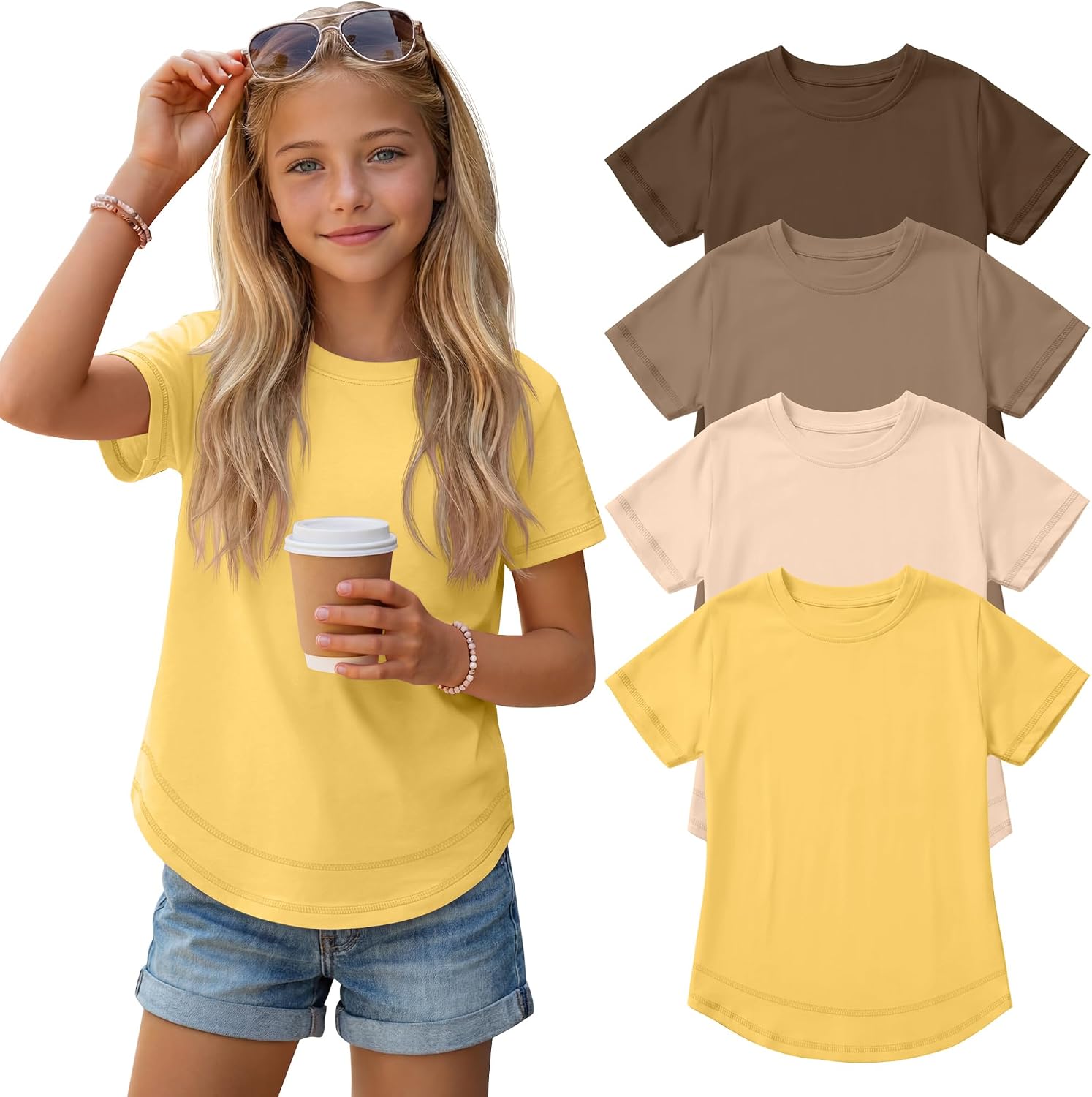 Oakgarden 4 Pack Girl's Short Sleeve T Shirts Knit Crewneck Loose Fit Curve Hem Tunic Tops Kids Casual Summer Tees 5-14 Years