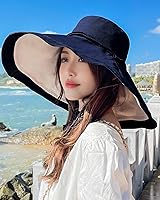 Vista 32 de Sombrero de sol de ala súper ancha para mujer, de algodón, plegable, reversible, con borde con cable, protección UV, verano, playa, viajes, jardín