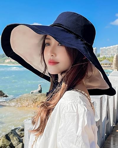 Miniatura 32 de Sombrero de sol de ala súper ancha para mujer, de algodón, plegable, reversible, con borde con cable, protección UV, verano, playa, viajes, jardín