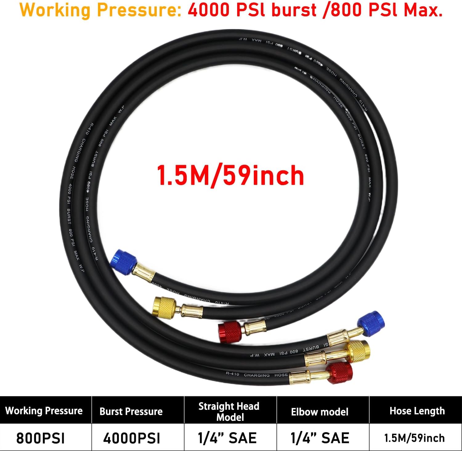 3 Pieces AC Manifold Gauge Hose Kit – HVAC Hoses 59" AC Hose Set Refrigerant Hoses, AC Recharge Hose with 1/4" SAE for R410A R32 R134a, Hose Manifold for Home & Automotive Air Conditioning Maintenance