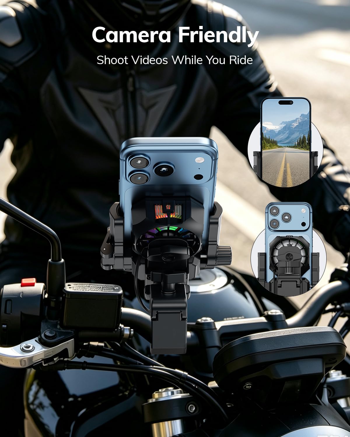 Fahrra - Supporto per cellulare da moto con ventola a semiconduttore, impermeabile IPX7, supporto per manubrio a 360° per biciclette, scooter e ATV, adatto per smartphone da 5,4" a 7,2"