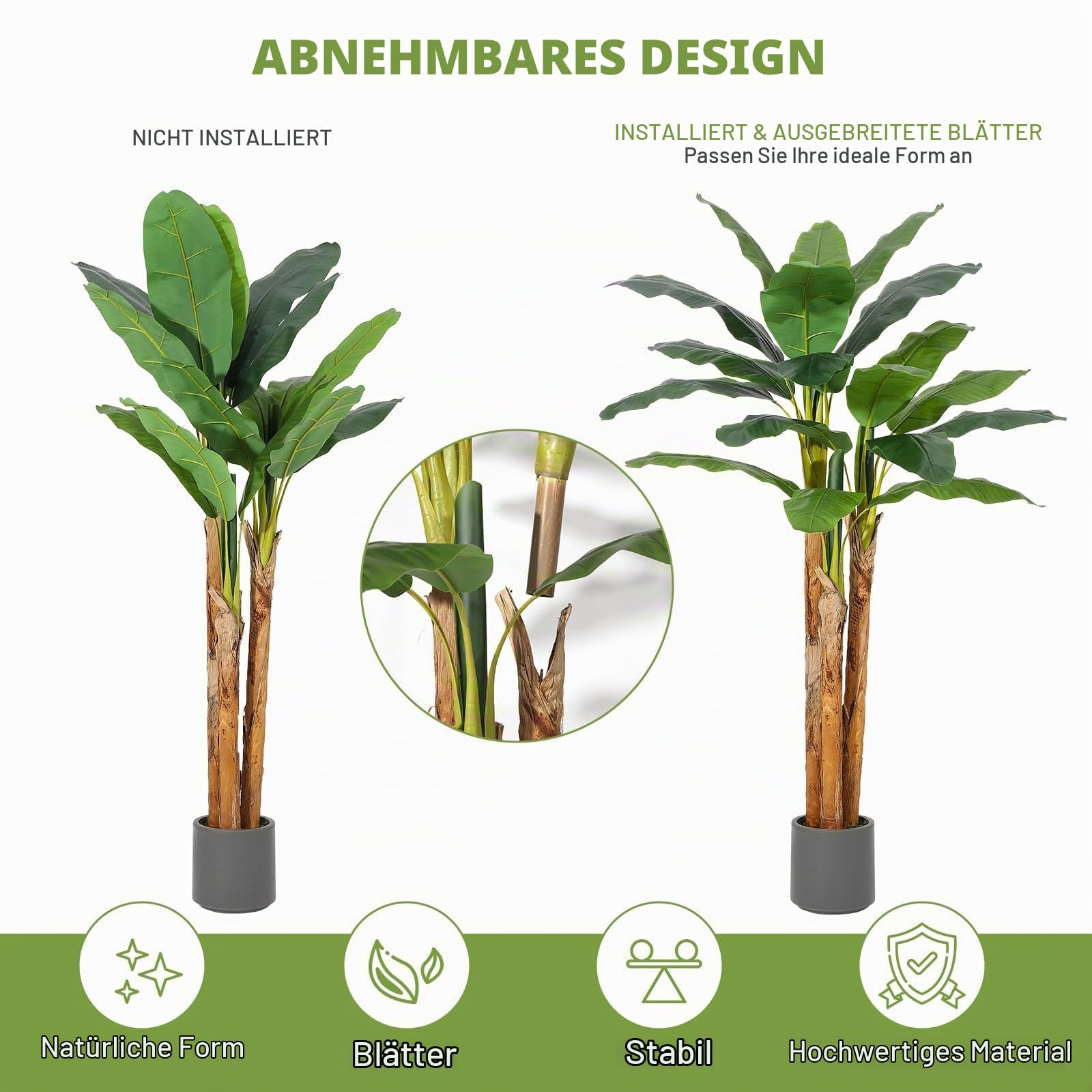Künstliche Bananenpflanze 180cm, Mit 21 Blättern & Stamm Aus Naturholz Im Grauen Pflanzkübel, Bananenbaum Kunstpflanze Groß Wie Echt Für Wohnzimmer Büro Garten Badezimmer Deko