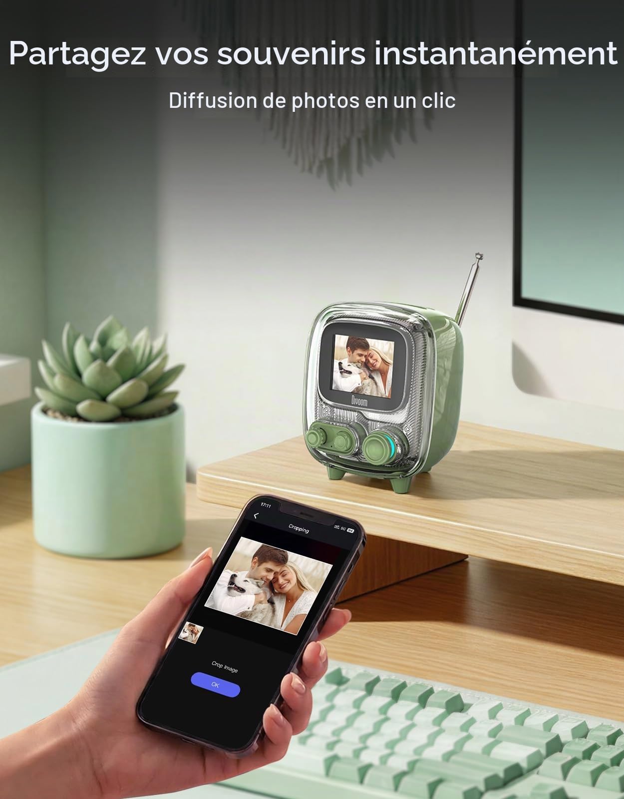Divoom Tiivoo-2 Enceinte Bluetooth rétro avec Haut-Parleur sans Fil Mignon, Petit, Tendance, Multifonction, Pixel Art, Horloge, Chargement d'album, Bruit Blanc, Cadeau, Compatible avec (Vert)