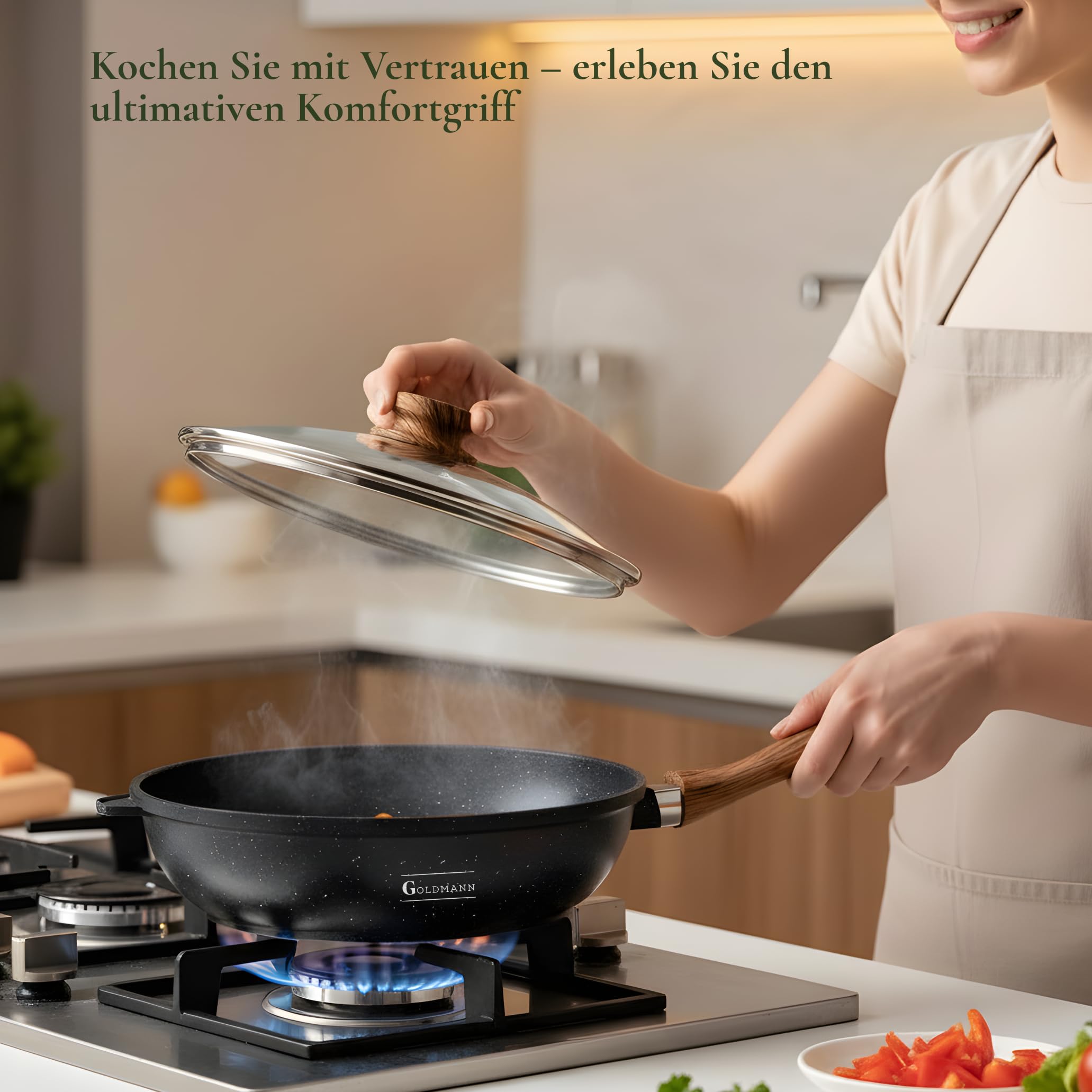 GOLDMANN Głęboka patelnia aluminiowa 24 cm z powłoką nieprzywierającą ceramiczno-marmurkową, kompatybilna z indukcją, bez PFOA