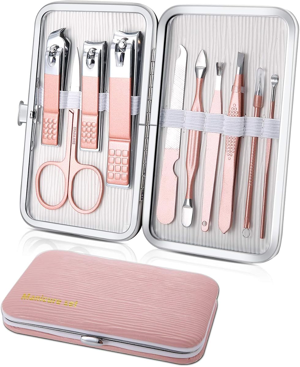 Juego de manicura, mini cortaúñas de viaje, herramientas de cuidado de pedicura, kit de aseo de acero inoxidable de 10 piezas (rosa)