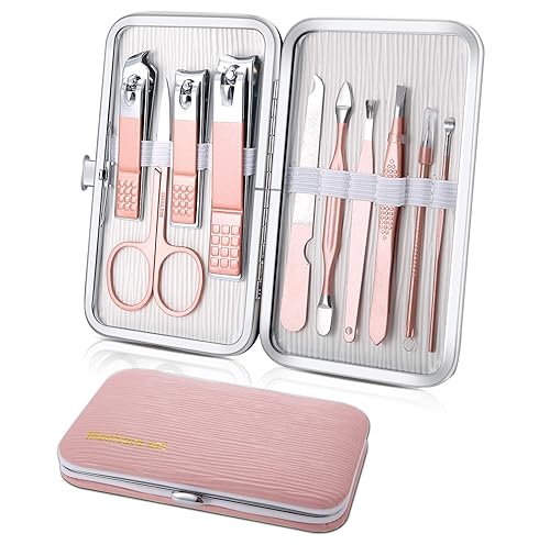 Juego de manicura, mini cortaúñas de viaje, herramientas de cuidado de pedicura, 10 piezas de acero inoxidable kit de aseo (rosa)