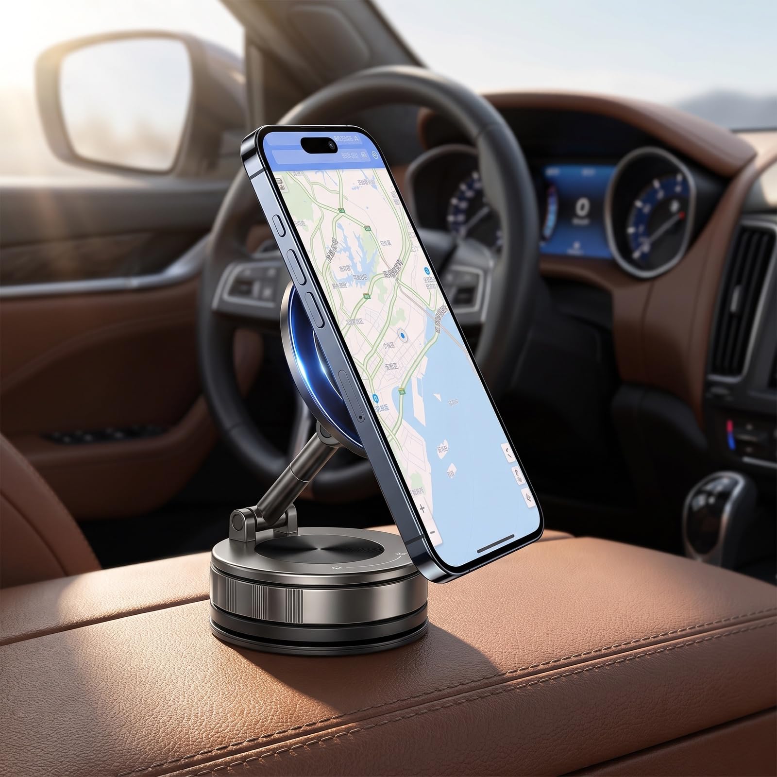 Voxlara Niezwykle mocny magnetyczny uchwyt samochodowy z przyssawką, uchwyt samochodowy obracany o 360° kompatybilny z iPhone serii 12-17, nano żel uchwyt na telefon do samochodu, biura, podróży