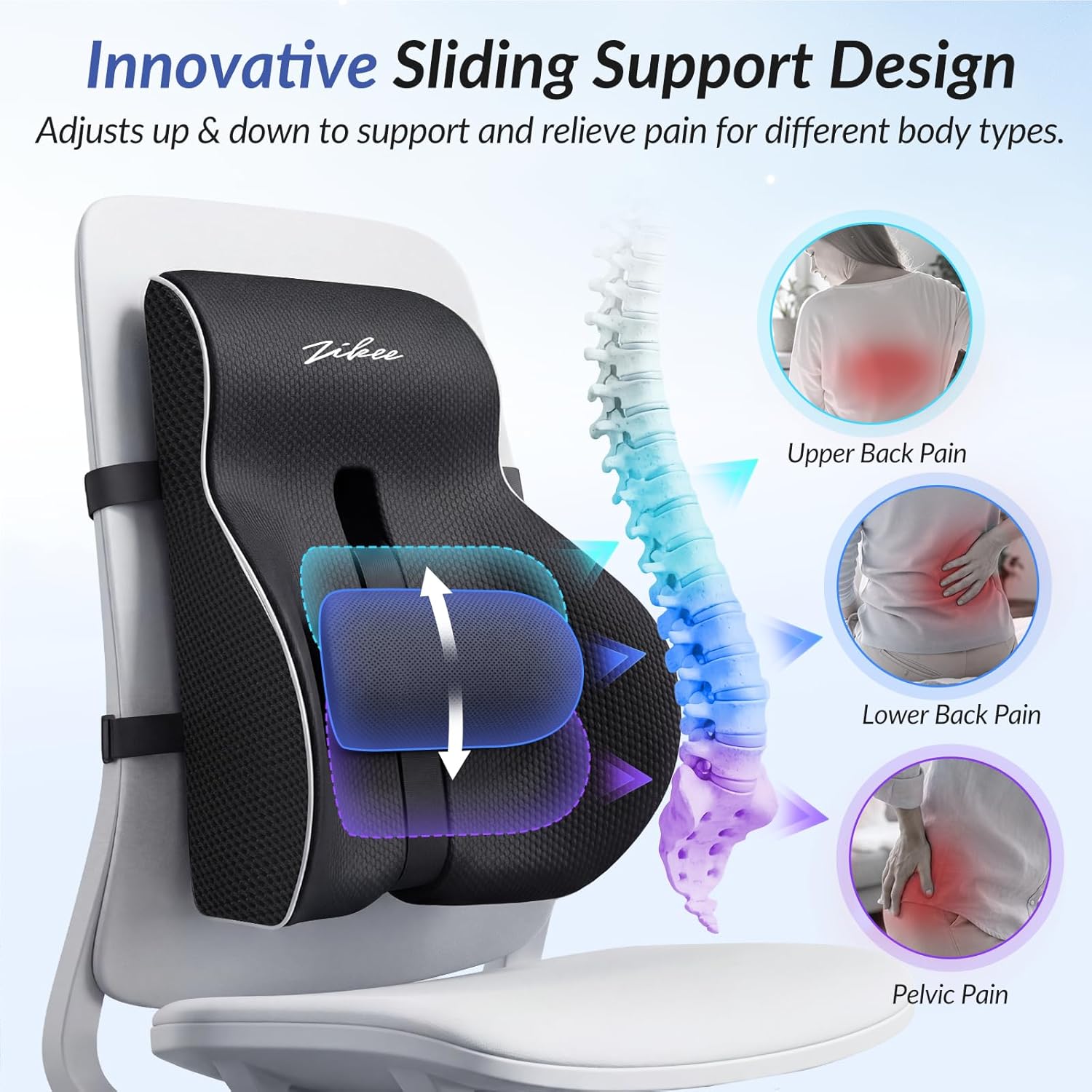 ZIKEE Adjustable Lumbar Support Pillow for Office Chair with Sliding Design for Precise Pain Relief & Support, Ergonomic Lumbar Pillow Improves Posture, Back Support Pillow for Office, Car, Home