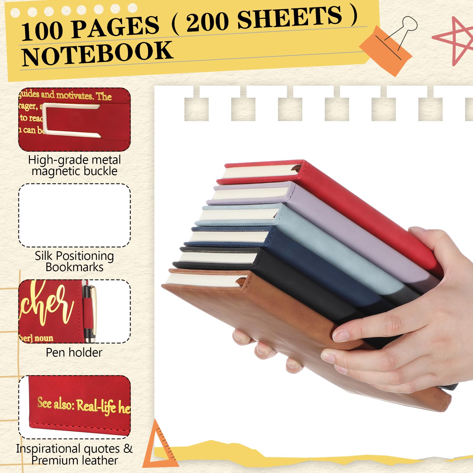 Chuangdi Set di 6 quaderni di apprezzamento per insegnanti, con copertina rigida, formato A5, in pelle, con fibbia in metallo, penna a sfera, regalo di ringraziamento per la scuola domenicale