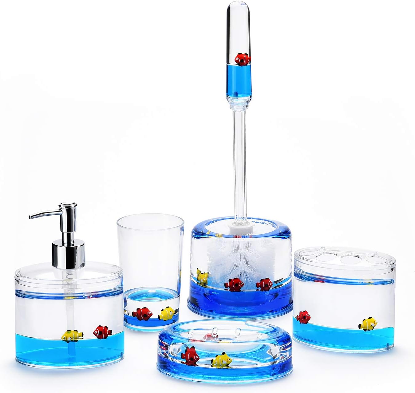 Locco Decor 5 Piece Acrylic Liquid 3D Floating Motion Bathroom Vanity Accessory Set Ocean Cartoon Animal Theme Nimo Fish Toothbrush Holder, Tumbler, Soap Dispenser, Soap Dish, Toiletbrush Holder Set
