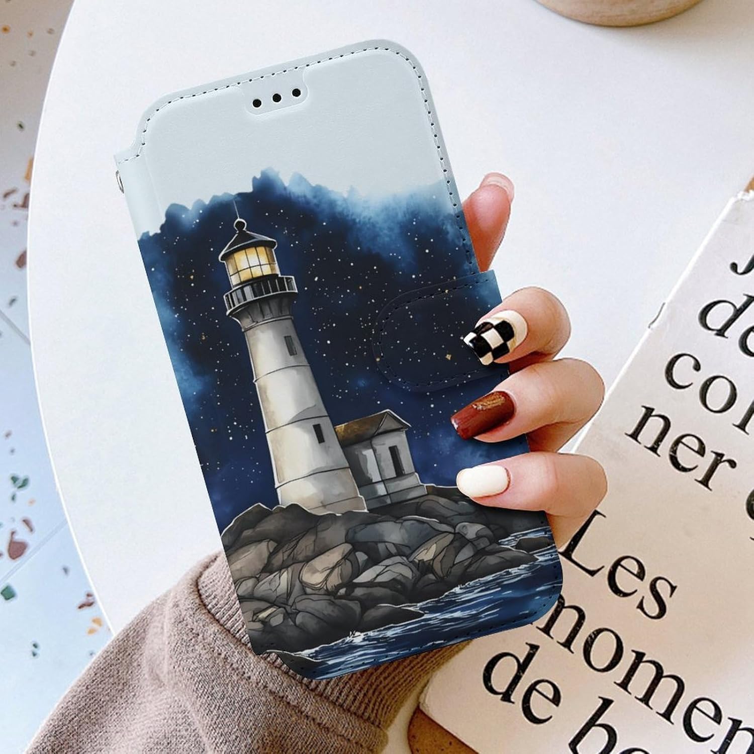 Lighthouse Starry Sky Compatible with iPhone 16/16 Plus/16 Pro/16 Pro Max/16 E Case Phone Wallet Card Holder Flip Cover with Wrist Strap