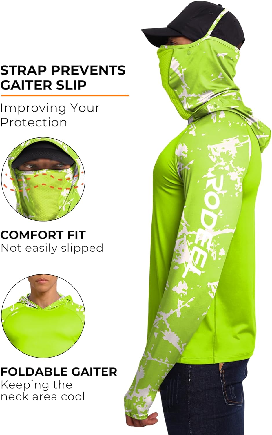 Rodeel Men's UPF 50+ Performance Fishing Hoodie, Long Sleeve Sun Protection Athletic Quick-Dry Breathable T-Shirt