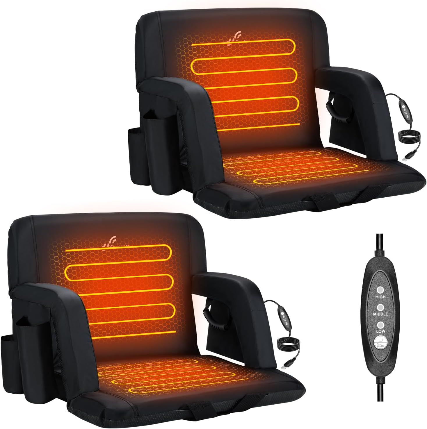 Sportneer Heated Stadium Seats for Bleachers: 3 Heated Modes 6 Reclining Positions Stadium Seats with Back Support for Sport Events Parks Concerts - 2.5'' Thick, 20.5''/24'' Wide Bleacher Chair Extra Wide - 24" - 2 Pack