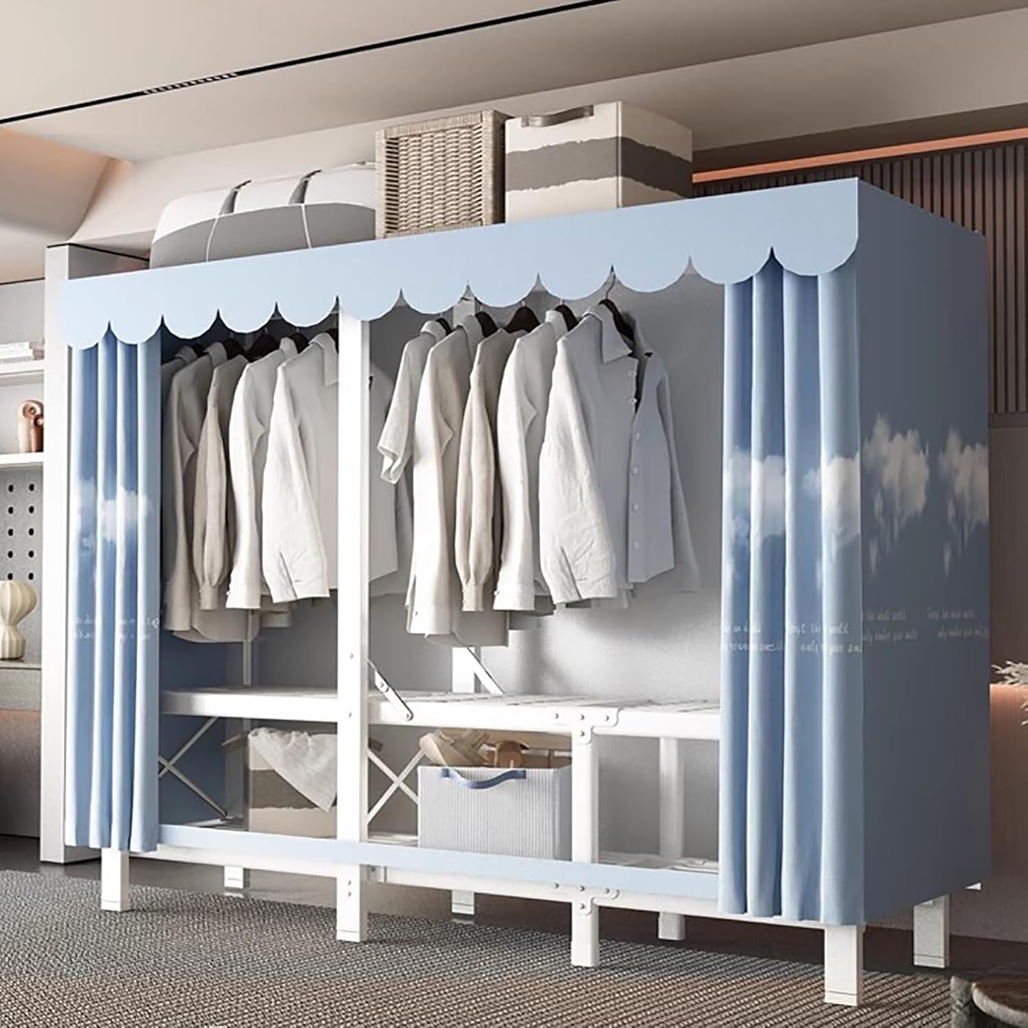 Foldable Portable Closet Wardrobe, Load 2000lbs, Portable Wardrobe Closet, Heavy Duty Clothes Rack, Garment Racks with Cover, for Bedroom, White Frame(C,148cm/58.3in)