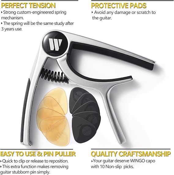 WINGO Guitar Capo for Acoustic Electric Guitars, Silver & 10 Nonslip Picks