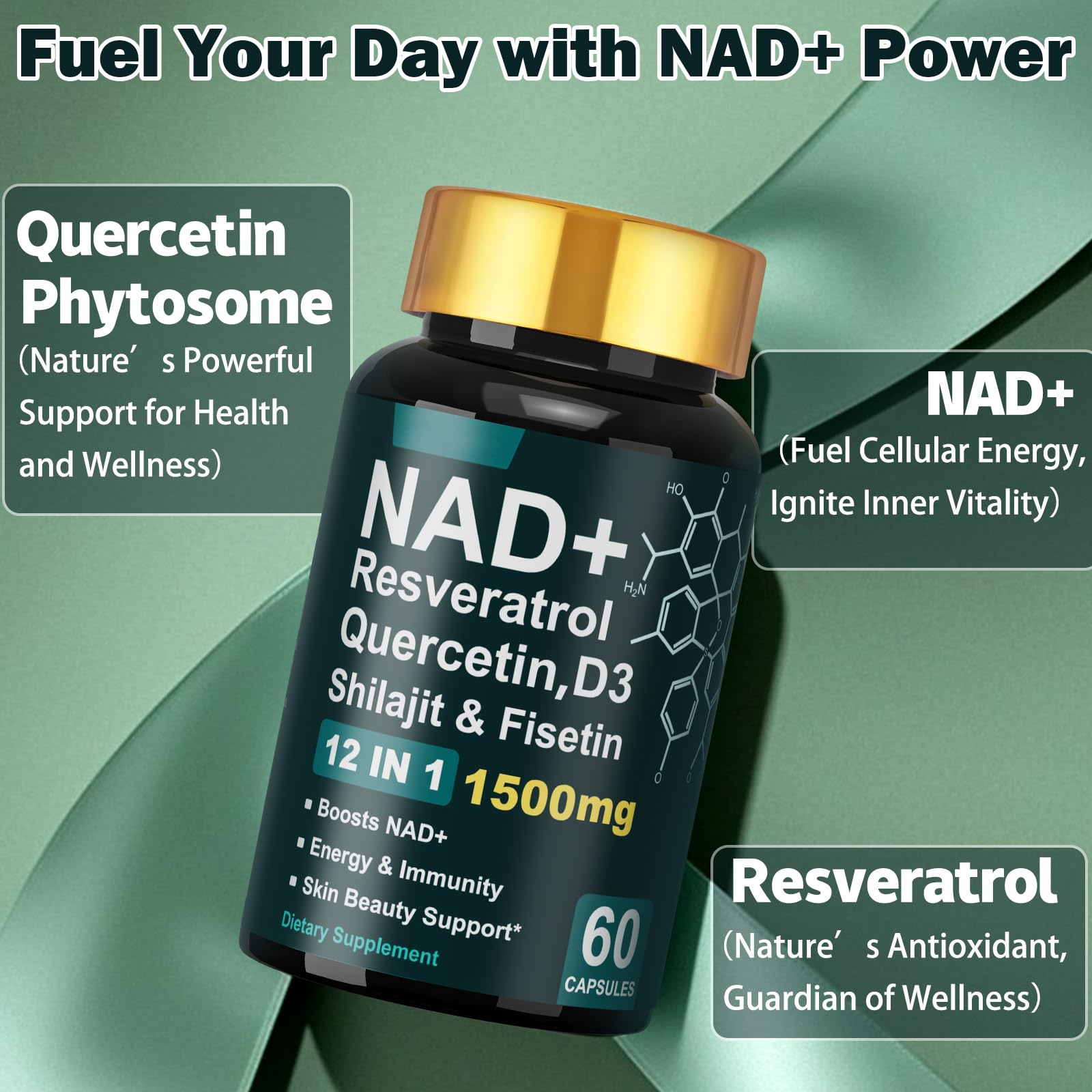 Dr.HR NAD+ Resveratrol Vitamin D3 Quercetin & Fisetin, Anti Aging NAD Supplements 1500mg for Women & Men Support Energy Skin Health Vitality & Immunity 60 Capsules — Amazon image 4