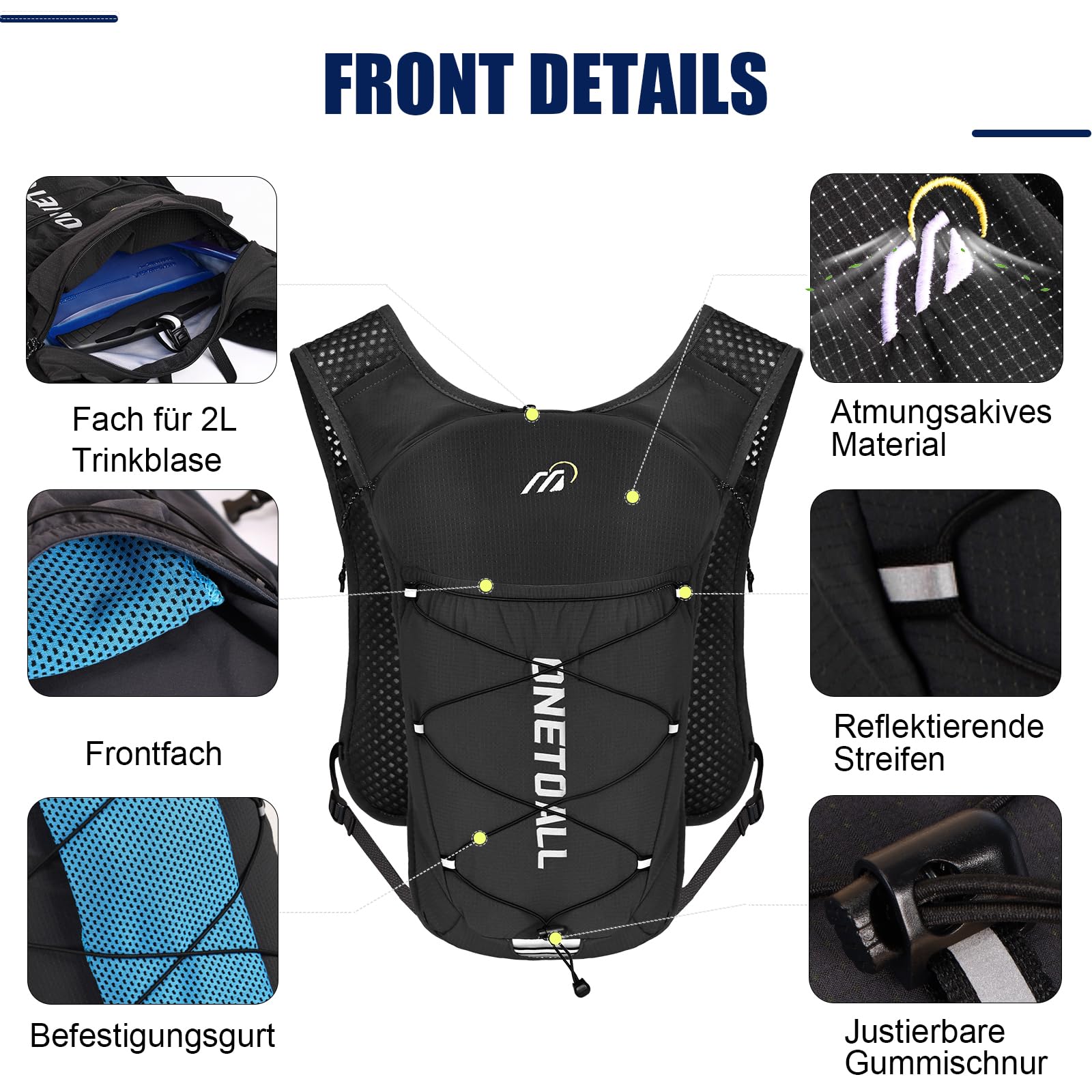 Laufweste Damen mit 500ml Trinkflasche/2L Trinkblase, Leichter Trinkrucksack Laufen Herren 6L, Runing Vest Reflektierend für Jogging, Trailrunning, Fahrrad, Marathon, Motorrad, nur 150g