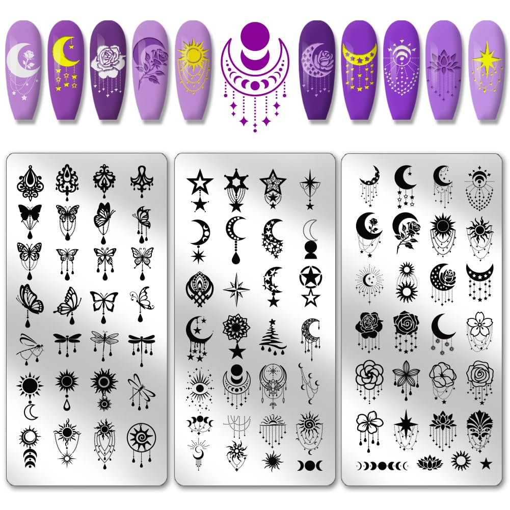 PH PandaHall 3pcs Moon Star Pattern Nail Stamp Plate Star Butterfly Nail Art Template Stainless Steel Nails Image Plate Flower Nail Art Stencils for Women DIY Printing 12x6cm