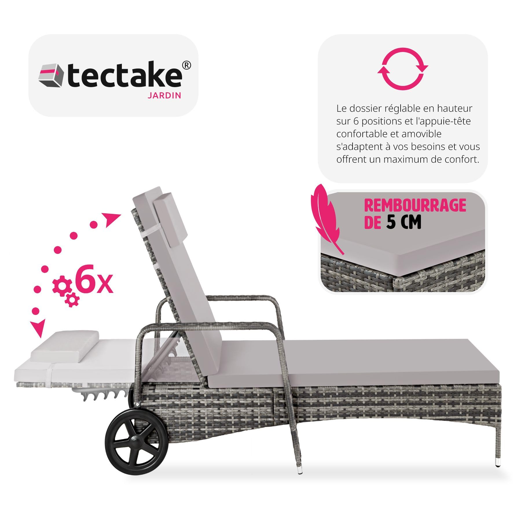 tectake® Bain de Soleil Chaise Longue en Resine Tressee Résistant Cadre en Aluminium Inclinable avec roulettes Transat Salon de Jardin Exterieur Mobilier de Jardin Chaise Longue Piscine - Gris