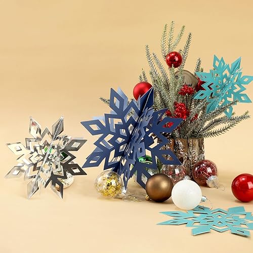 Miniatura 5 de 18 adornos colgantes 3D de copos de nieve de Navidad, decoración de copos de nieve de papel congelado azul de invierno plateado para princesa de