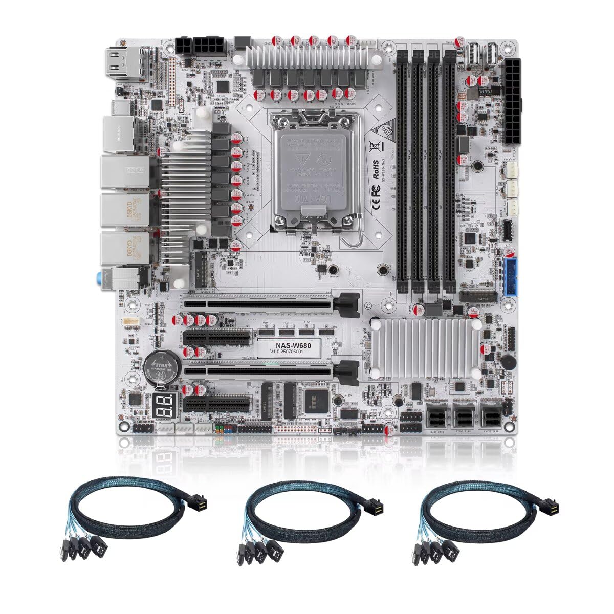 MNBOXCONET W680 M-ATX Moederbord – LGA1700, 12-bay NAS, 4x DDR5 ECC, 10GbE LAN, Dual PCIe, 3x M.2 NVMe, 5x Display-uitgang