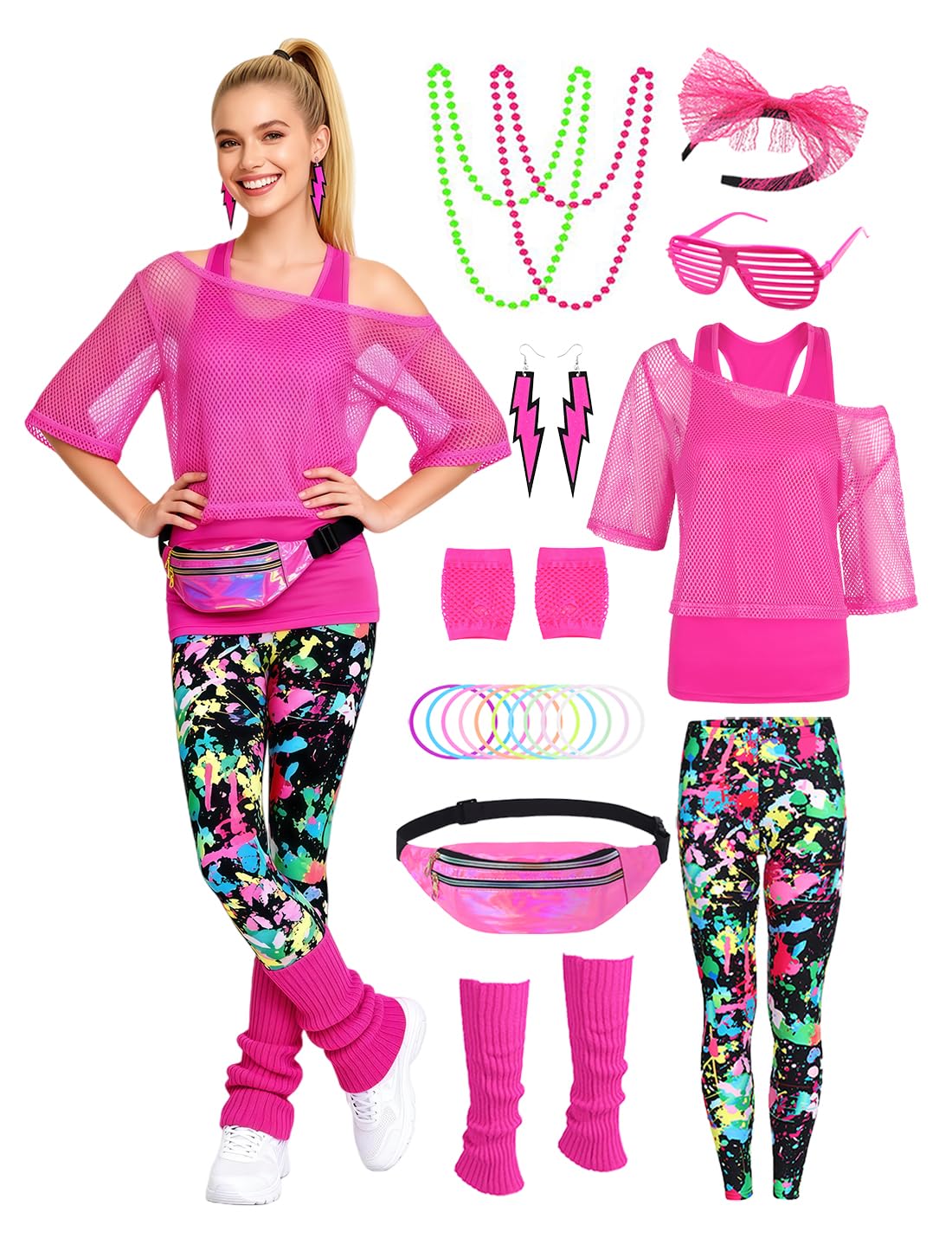 FOVER 80er 90er Jahre Outfit Damen Netzshirt, Tank top, Leggins, Netzhandschuhe, Bauchtasche, Haarband, Ohrring, Armband, Halskette, 80iger Kostüm Zubehör Neon Kleidung 80s Aerobic Bad Taste Outfit
