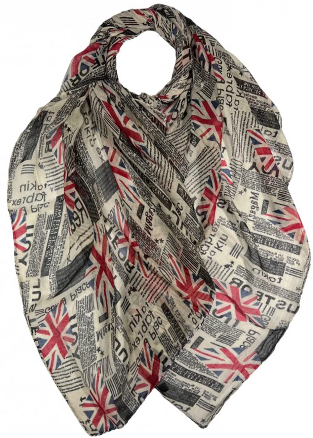 UK British Mini Flags Fashion Scarf, Union Jack in Newspaper Background Colour, Womens Souvenir Shawl