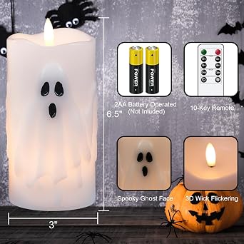 Eldnacele Halloween Ghost Flameless LED Pillar Candles with Remote Timer