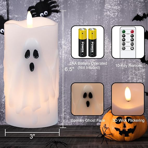Eldnacele Halloween Ghost Flameless LED Pillar Candles with Remote Timer