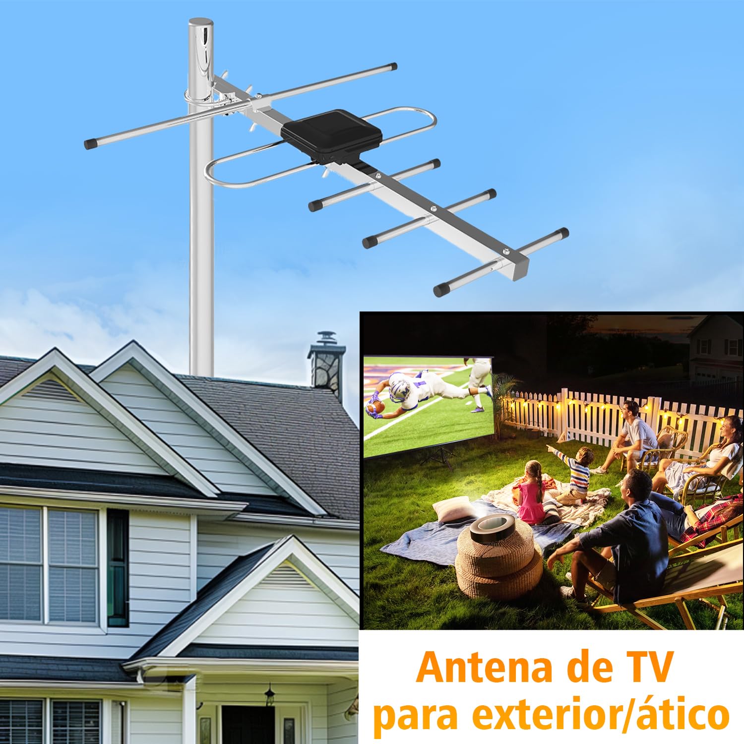 Antena TV Exterior para Smart TV – Antena TDT Digital HD 4K/1080P con Recepción UHF/VHF Estable, Largo Alcance, Resistente al Clima, Cable Coaxial de 8 m, Instalación en Tejado, Terraza y Exterior