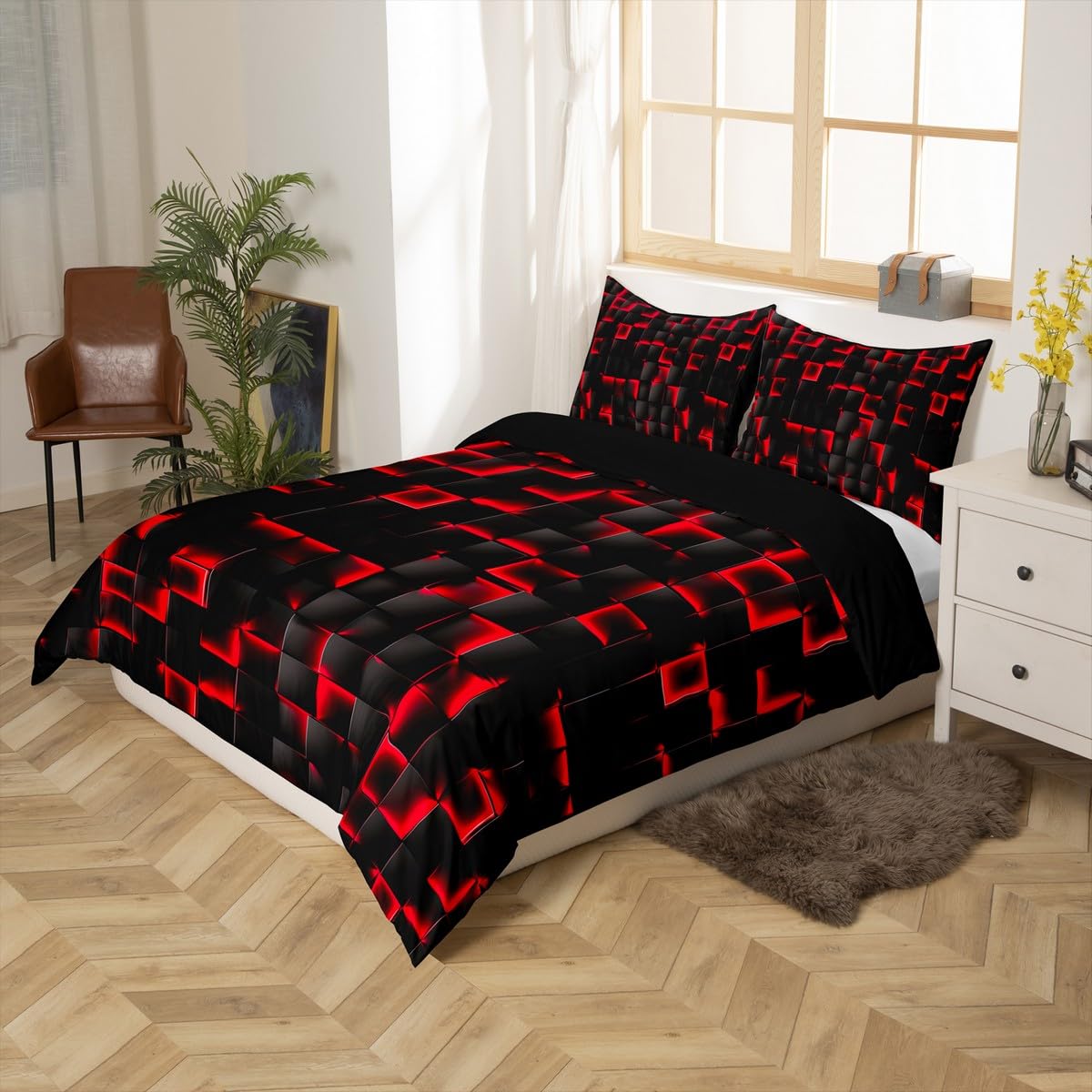 Homewish Boys Red And Black Duvet Cover Single Geometric Checkered Kids Bedding Set Teen Men Gaming Room Decor - Image 2