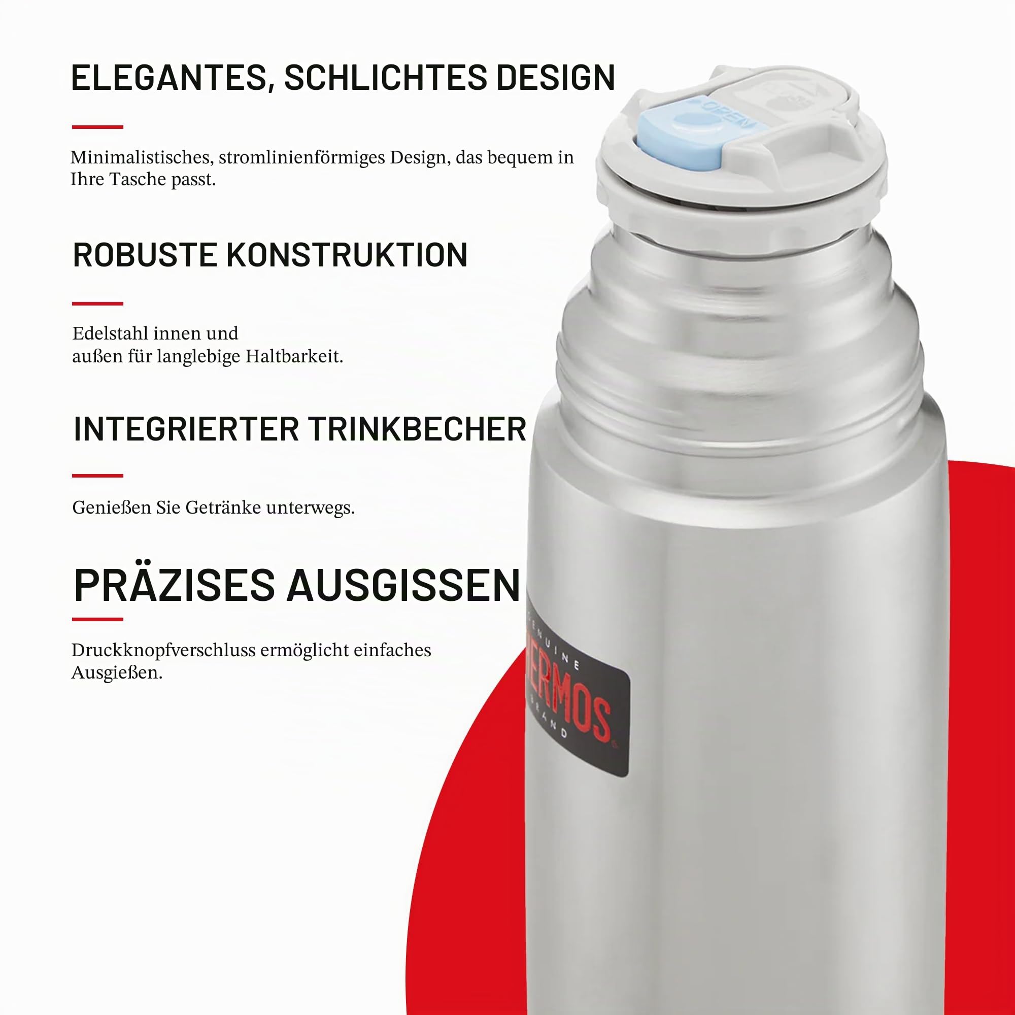 Thermos Edelstahl-Thermosflasche 1,0 l, leicht und kompakt