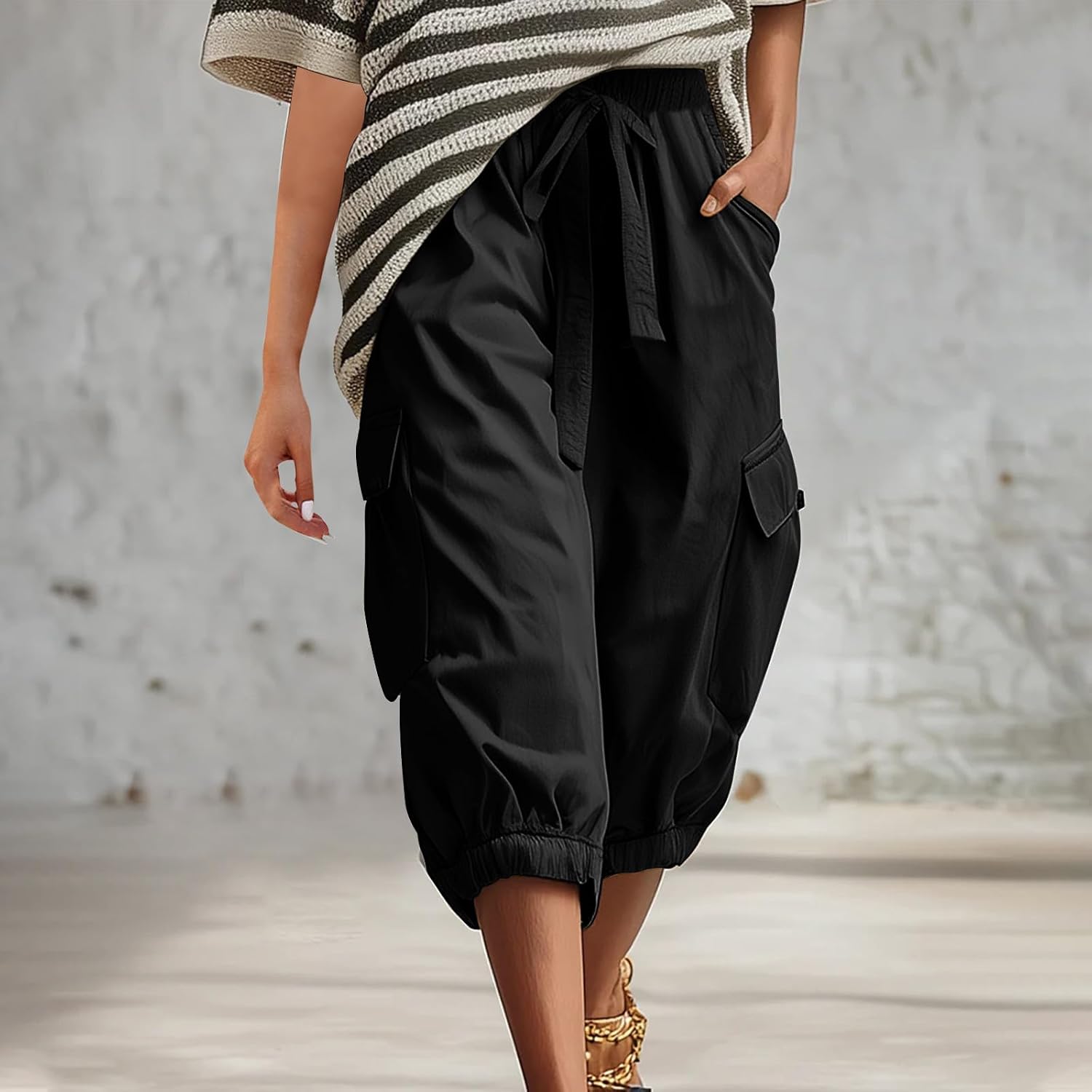 Cargo Capri Pants for Women Drawstring Waist Cropped Balloon Trousers Trendy Casual Summer Jogger Capris Pants