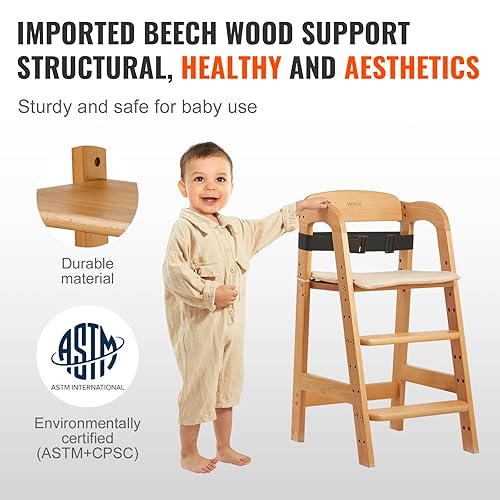 Miniatura 4 de VEVOR Silla alta de madera para bebés y niños pequeños, silla de alimentación ajustable convertible, silla alta para comer y crecer con cojín de
