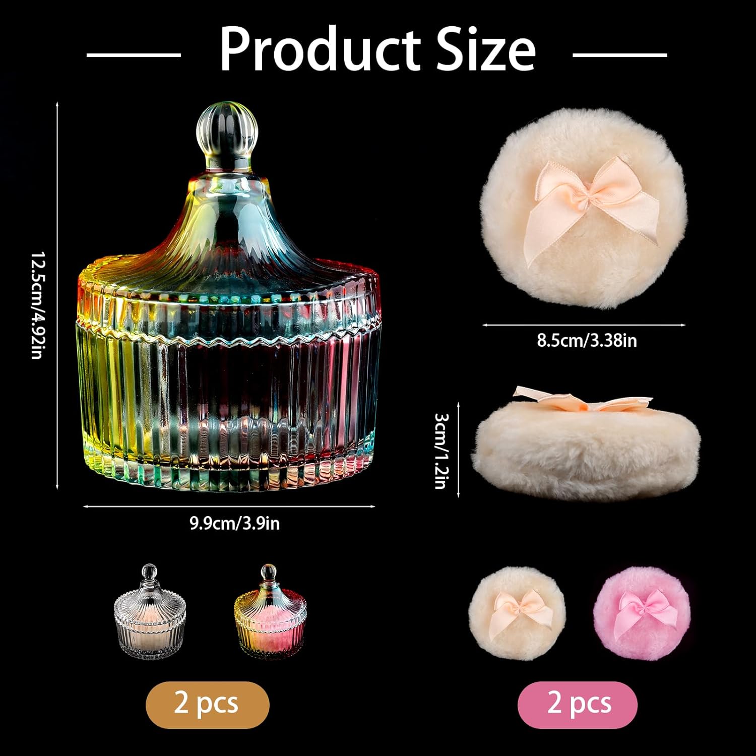 4 Pcs Large Body Powder Puff and Container Large Glass Powder Container with Puff Crystal Case Soft Washable Reusable Fluffy Makeup Sponge Wet Dry (Clear and Colorful) - Image 2