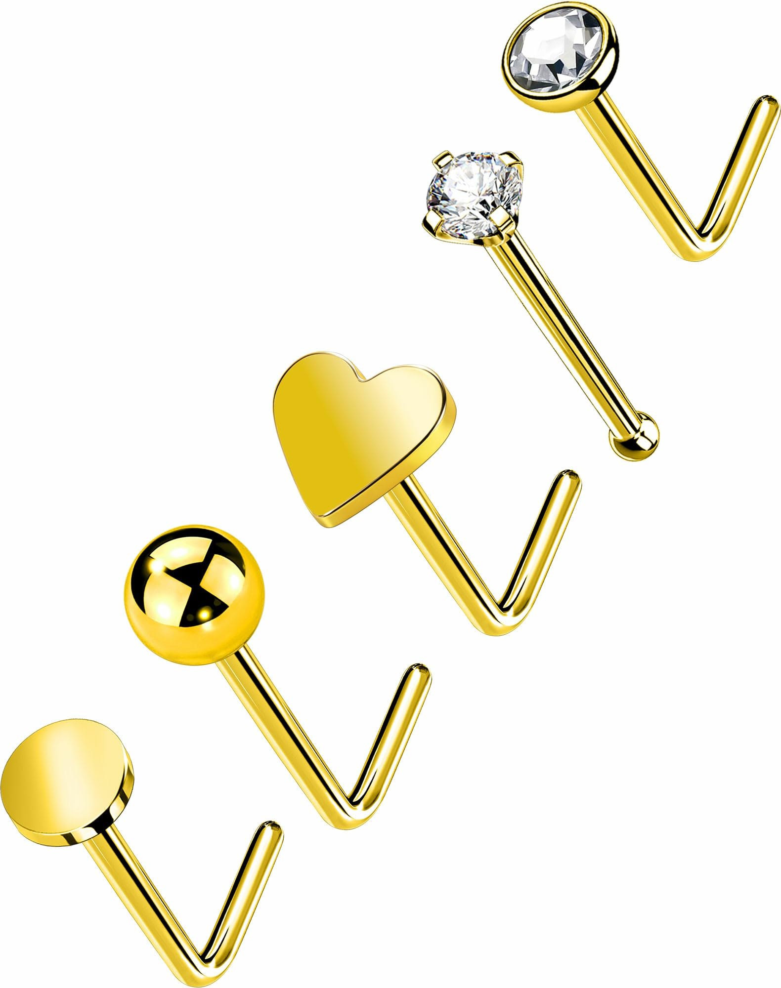 OUFER Body Piercing Nose Studs: 5PCS 20G Titanium Nose Bar L Shaped Nose Rings, 6 mm Gold Nostril Piercing Jewelry Cubic Diamond Thin Body Jewellery for Women — view 8