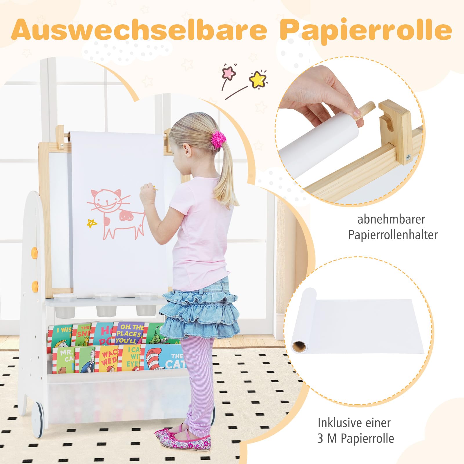 COSTWAY Kinder Staffelei mit Hocker, 4-in-1 Kindertafel mit Magnettafel, Schultafel, Bücherregalen, Standtafel inkl. Papierrolle & Zubehör, Kinderstaffelei für Kinder ab 3 Jahren