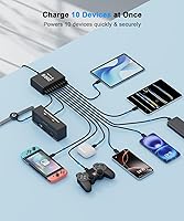 Vista 4 de Estación de carga USB C de 10 puertos con 4 cables USB, bloque de cargador GaN tipo C de 200W, adaptador de enchufe de regleta de alimentación