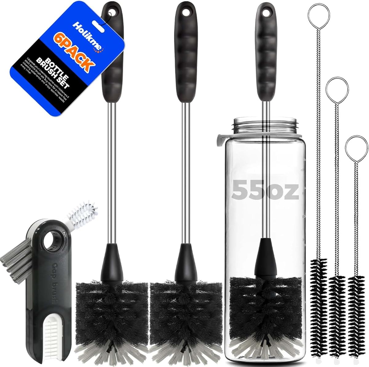 Holikme 6 Pack Bottle Brush Set, 14" Long Handle Stainless Steel Bottle Cleaner Brush, 3 Straw Brushes, 3-in-1 Bottle Cleaning Brush for Water Bottle, Antistatic Lab Brushes, Straws Black