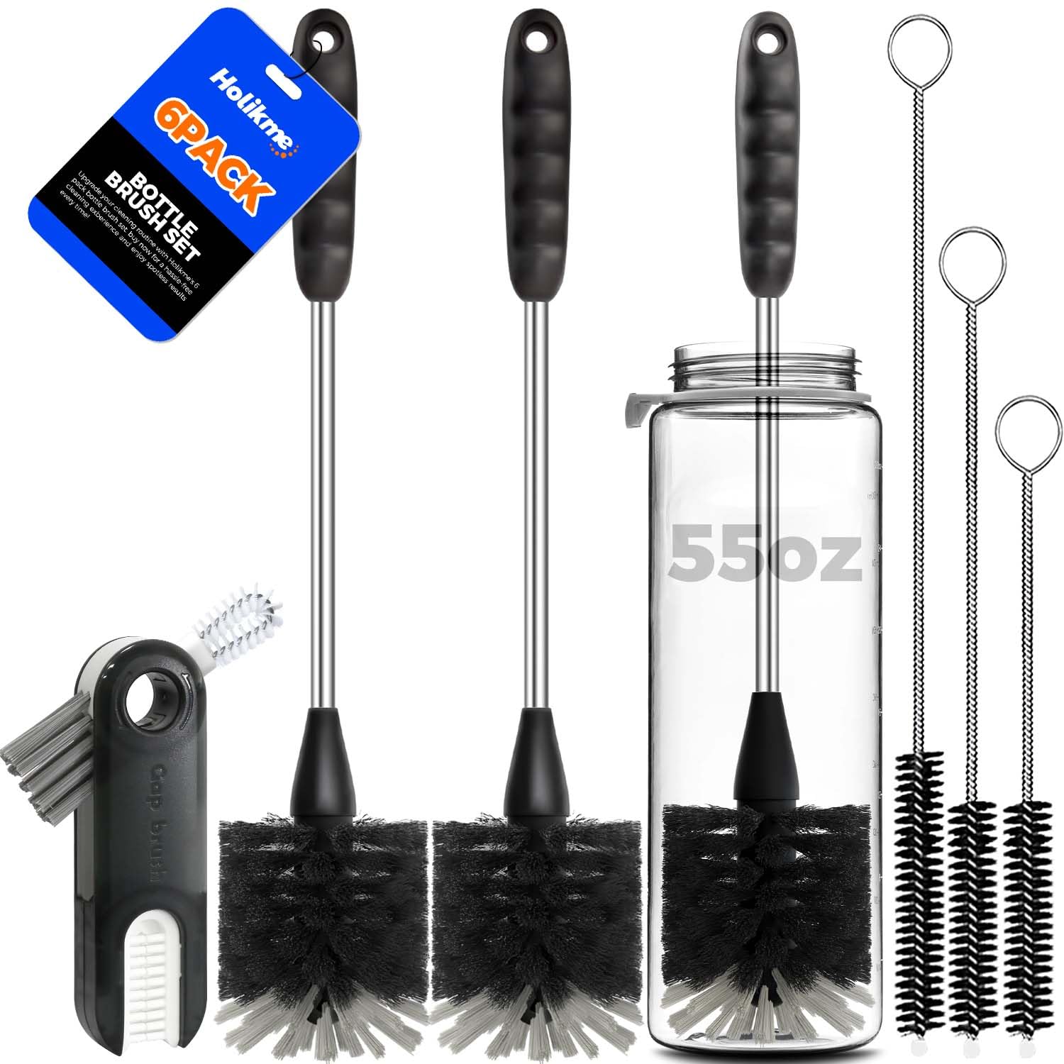Holikme 6 Pack Bottle Brush Set 14 Long Handle Stainless Steel Bottle Cleaner Brush 3 Straw Brushes 3-in-1