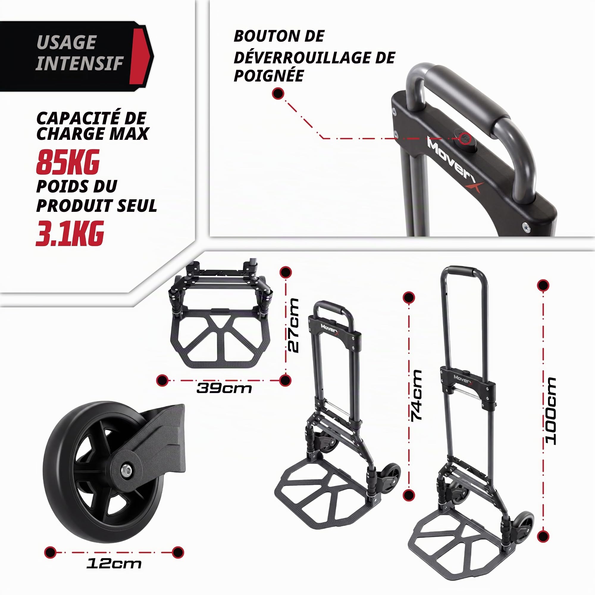 MoverX Diable pliable en aluminium, diable robuste sur roues, diable multi-usage, 85 kg