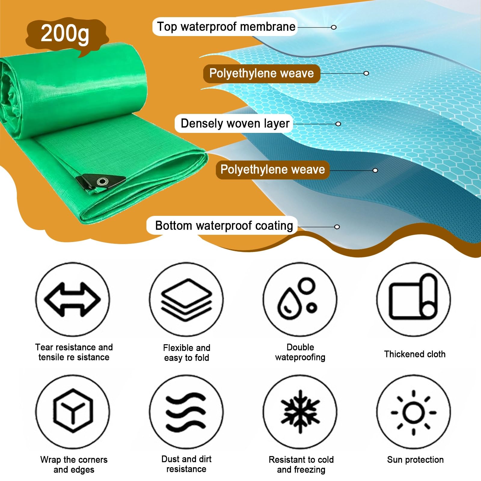 Telone Impermeabile 750 x 800 cm 200G/M², Telo Copritutto, Telone Impermeabile Antistrappo con Occhielli Telo Copritutto in Plastica per Barca, Auto, Piscina, C