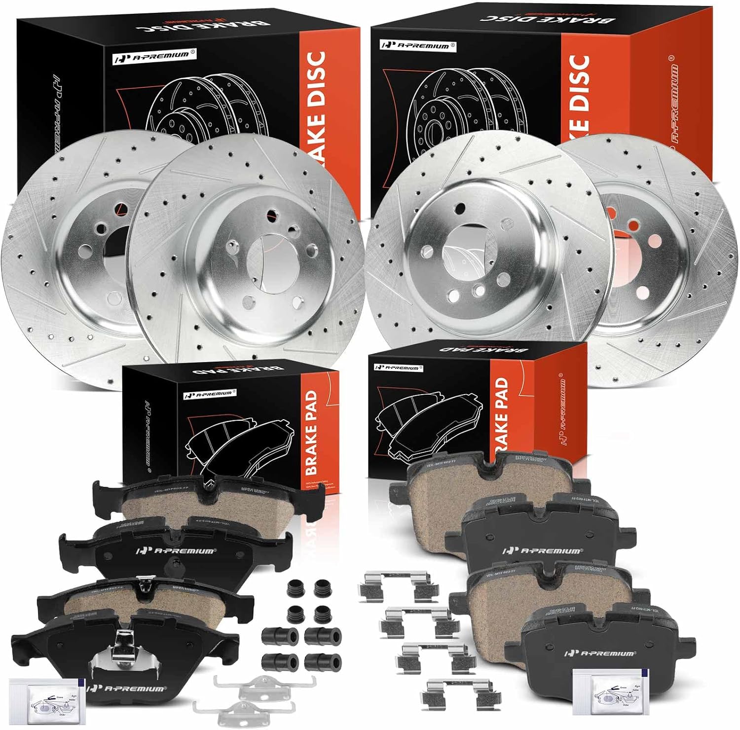 A-Premium Front and Rear Drilled and Slotted Disc Brake Rotors + Ceramic Pads Kit Compatible with BMW Models - 640i 12-17, 640i Gran Coupe 13-17, 640i xDrive 14-17, 640i xDrive Gran Coupe 14-18, 12-PC
