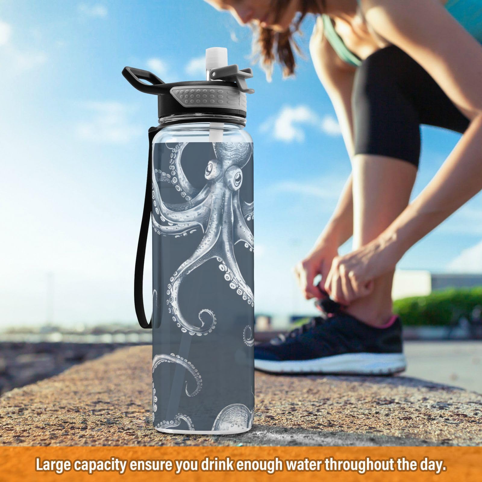 ALAZA Octopusfish Sport-Trinkflasche mit Strohhalm-Deckel, 900 ml, transparent, BPA-frei, Tritan-Kunststoff, auslaufsicher, großer Klappverschluss für Kinder, Jungen, Mädchen
