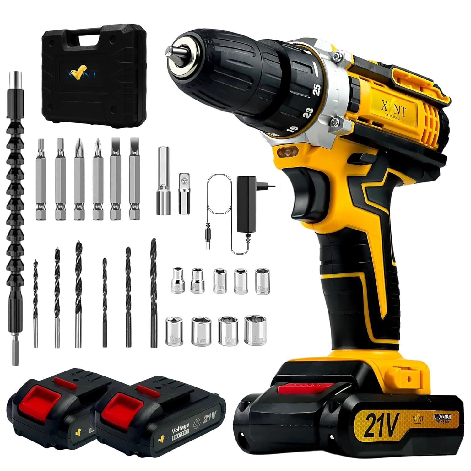 Cordless Drill Machine For Home Use, With 2 Pcs Batteries And Drill Bits, Battery Drill Machine With Fast Charger, 2 Speed, Flexible Shaft, Complete Accessory Kit, With Case