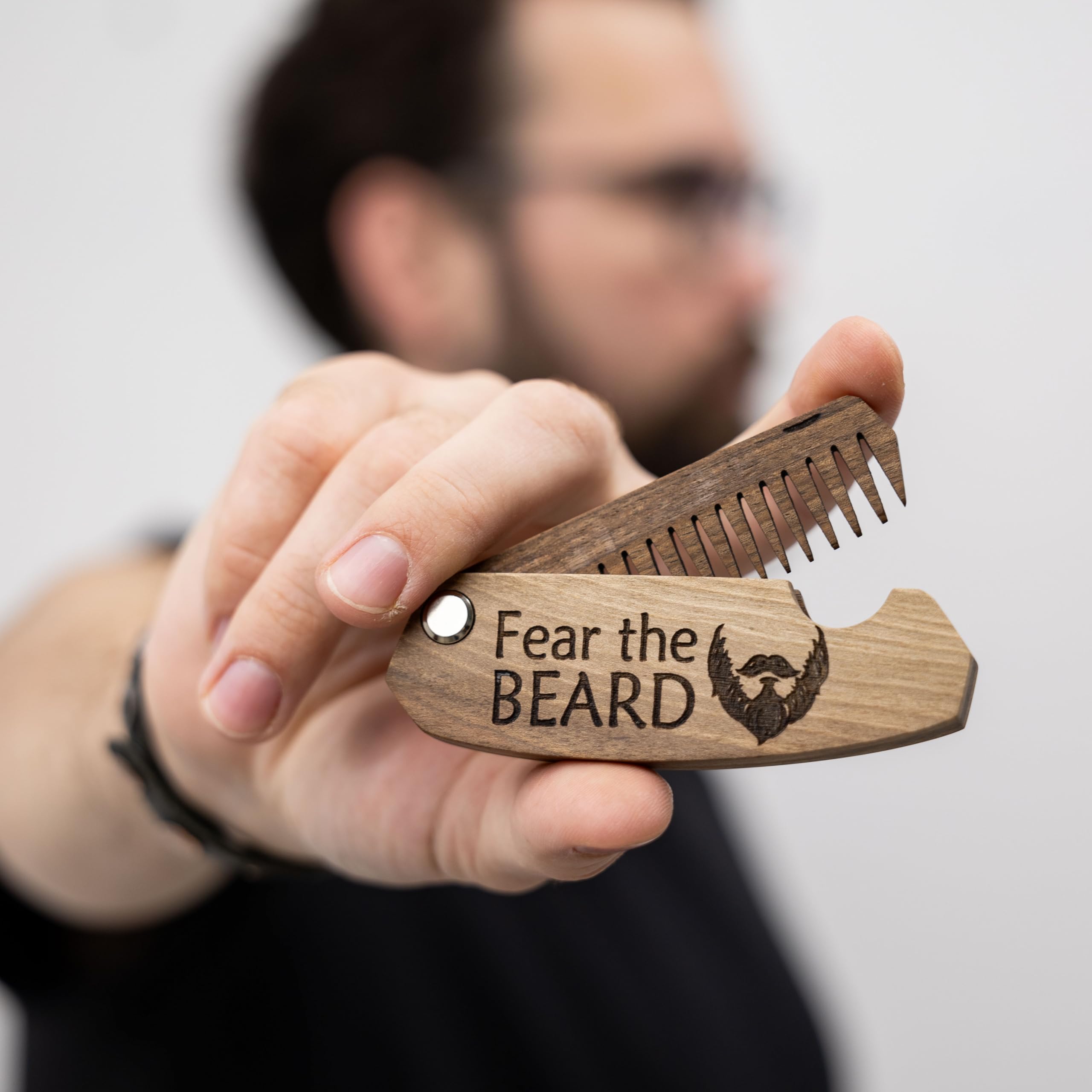 Beard Comb Gifts for Him Wooden Comb for Men Folding Pocket for Moustache Hair Walnut Combs Husband with the Engraving (Fear The Beard)